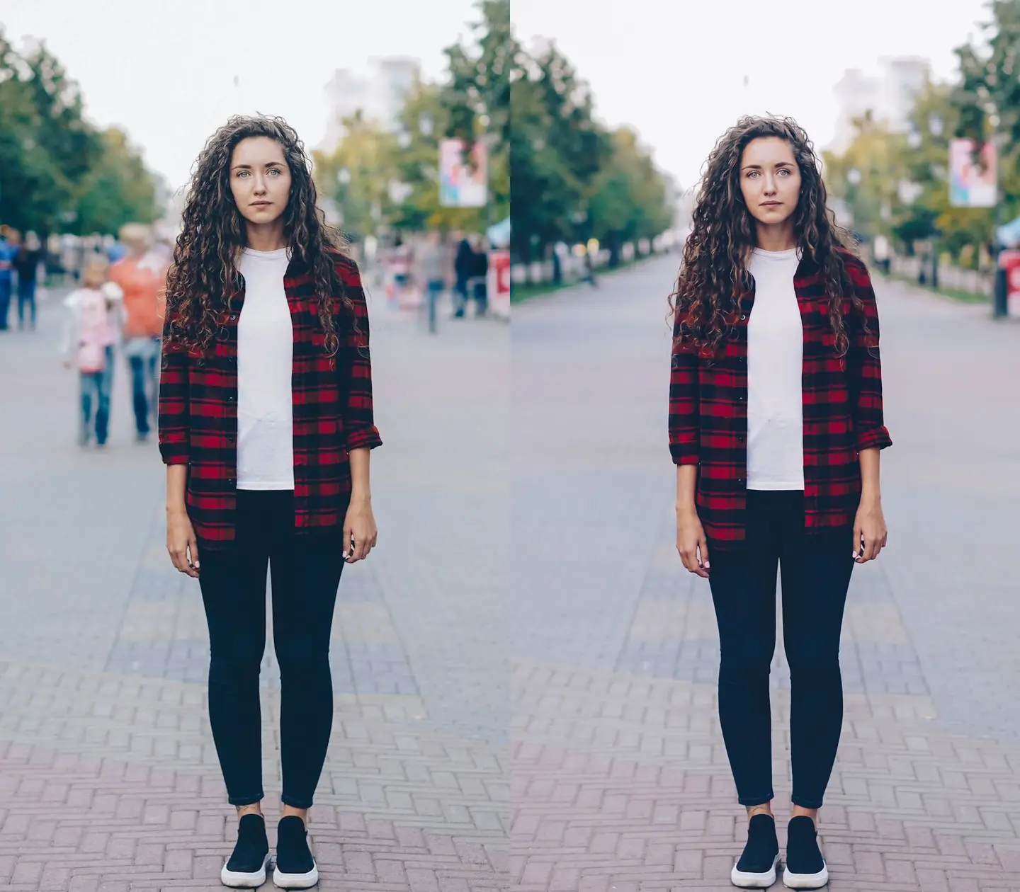Comparación de un retrato callejero antes y después de quitar a los transeúntes del fondo