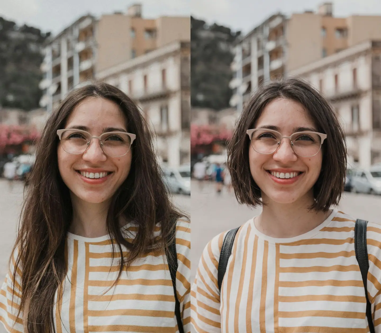 Comparación de una mujer con gafas antes y después de cambiar su pelo largo por un bob corto