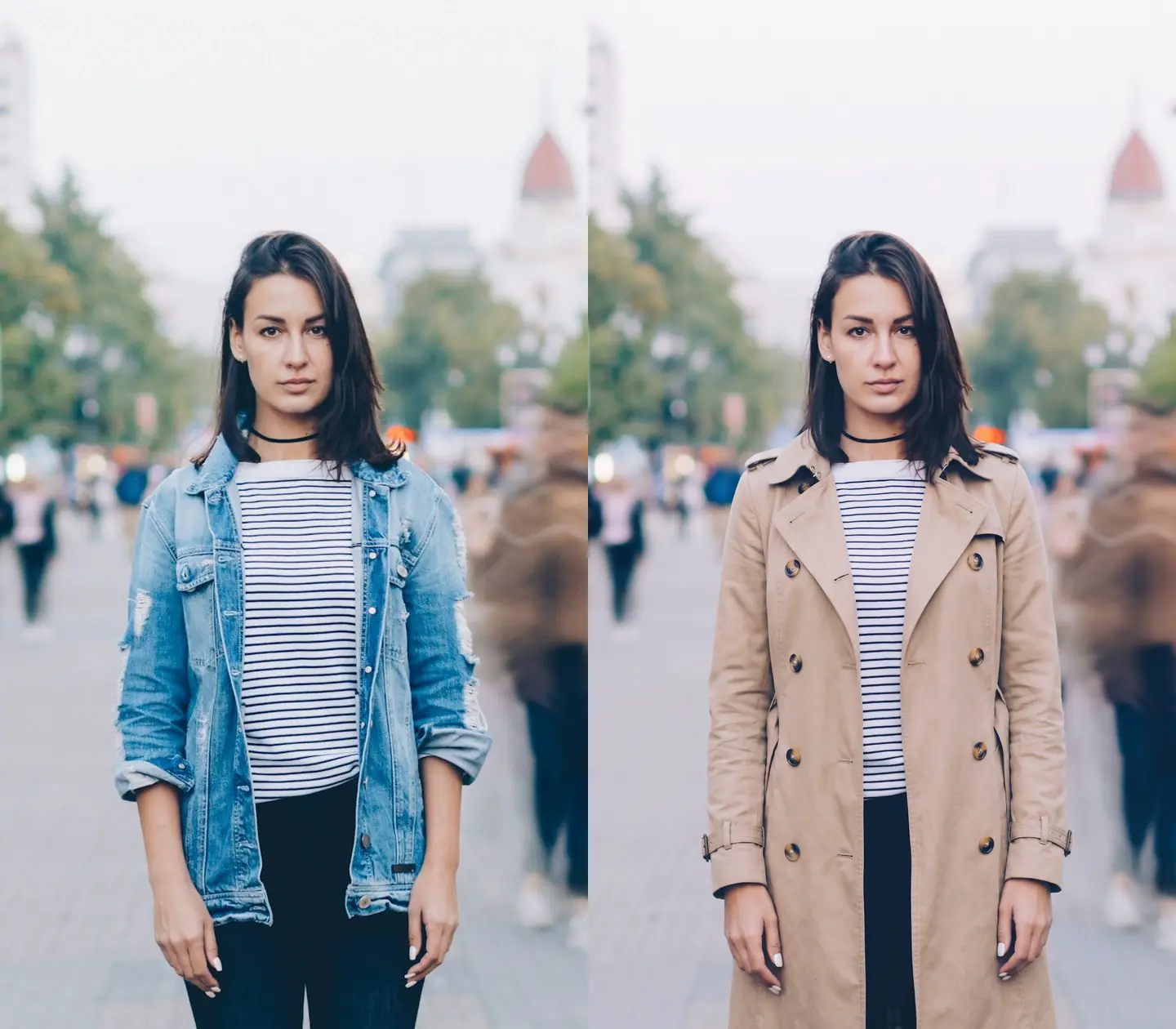 Comparación de un retrato callejero antes y después de cambiar la chaqueta vaquera por una gabardina beige