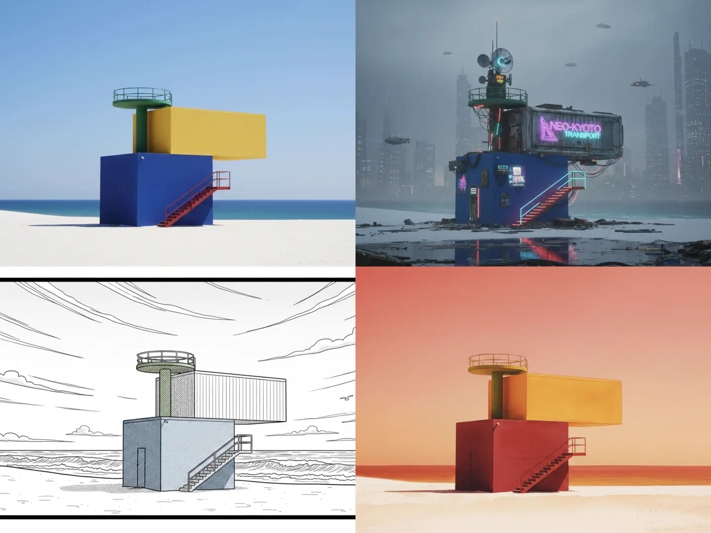 Las mismas formas geométricas en estilos realista, futurista, de dibujo lineal y de tonos cálidos