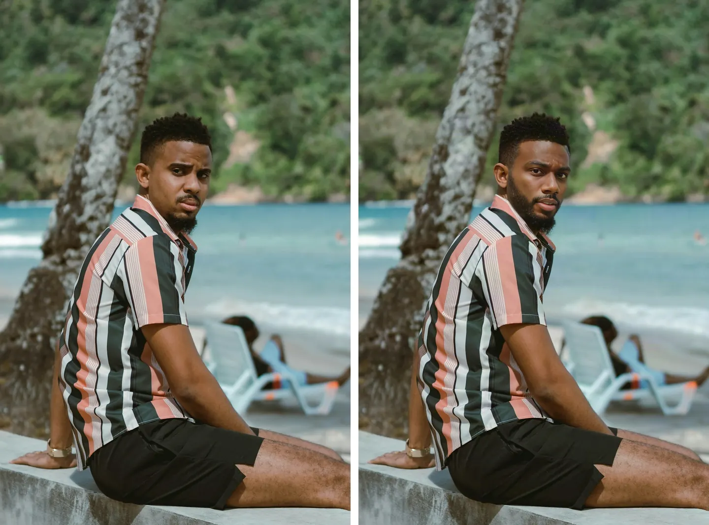 Un retrato en la playa antes y después del cambio de cara