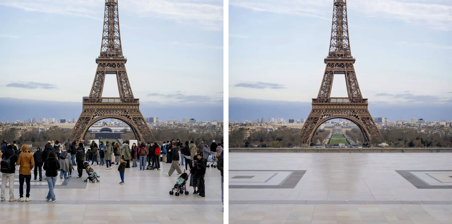 Tourists in front of the Eiffel Tower before and after removal