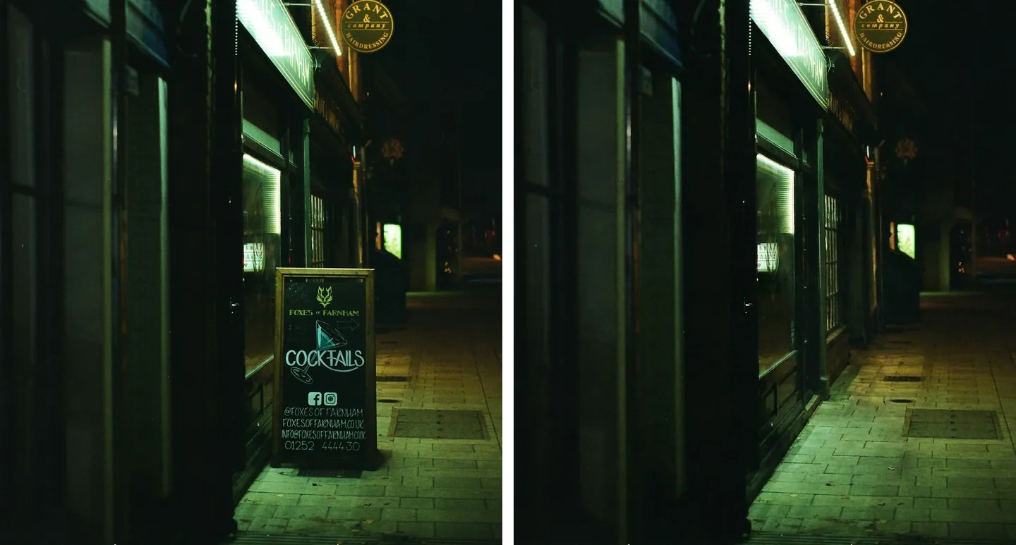 Street storefront before and after removing the A-board sign from the pavement